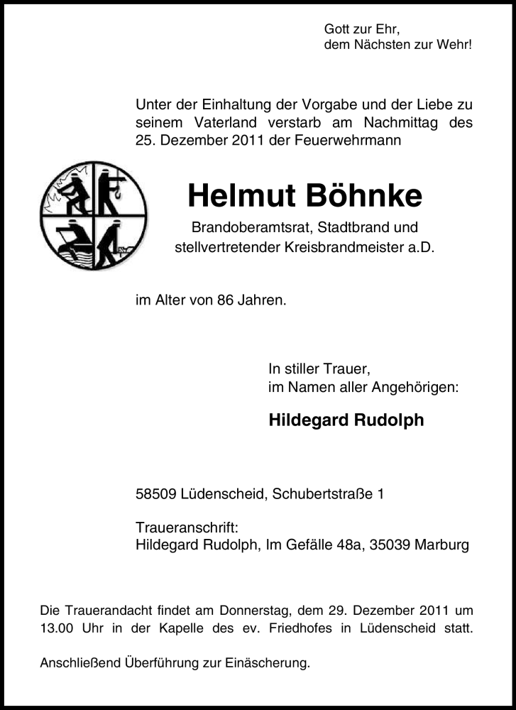  Traueranzeige für Helmut Böhnke vom 27.12.2011 aus WESTFÄLISCHER ANZEIGER