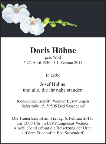 Traueranzeige von Doris Höhne von MZV