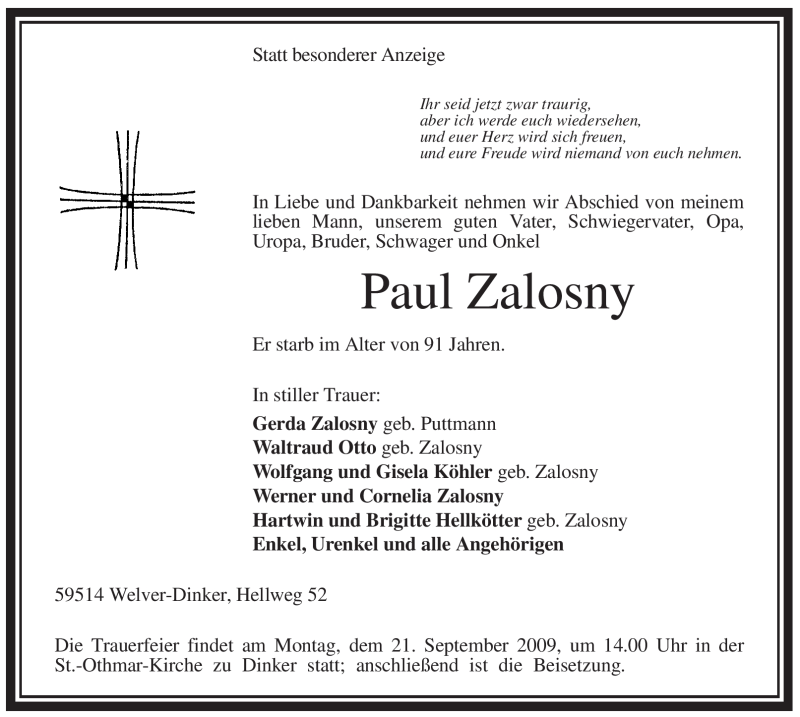  Traueranzeige für Paul Zalosny vom 18.09.2009 aus WESTFÄLISCHER ANZEIGER