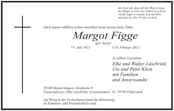 Traueranzeige von Margot Figge von WESTFÄLISCHER ANZEIGER