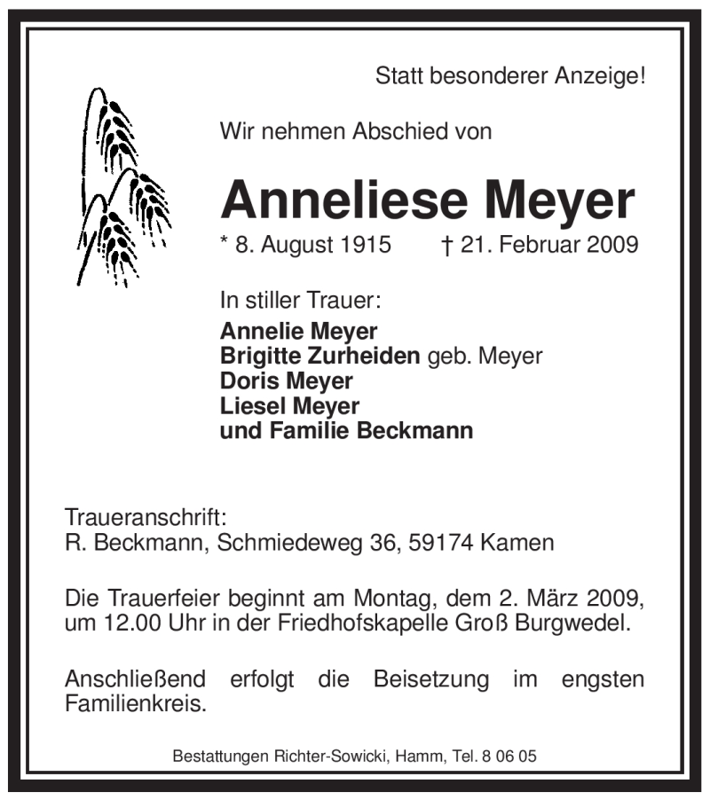  Traueranzeige für Anneliese Meyer vom 24.02.2009 aus WESTFÄLISCHER ANZEIGER