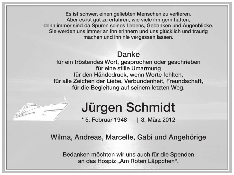  Traueranzeige für Jürgen Schmidt vom 14.04.2012 aus WESTFÄLISCHER ANZEIGER