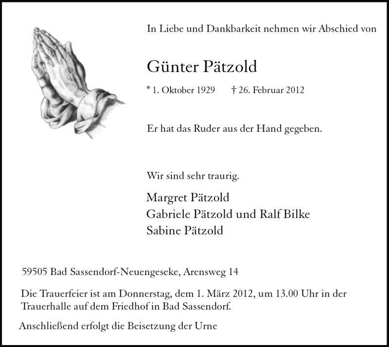  Traueranzeige für Günter Pätzold vom 28.02.2012 aus WESTFÄLISCHER ANZEIGER