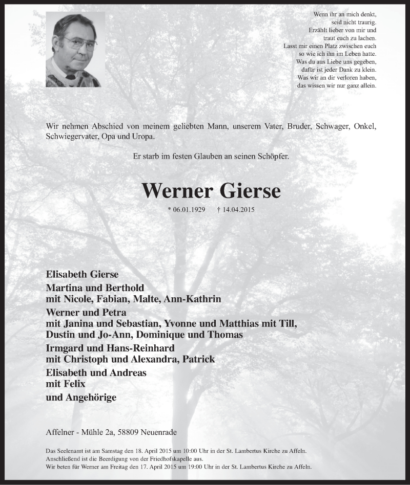  Traueranzeige für Werner Gierse vom 16.04.2015 aus MZV