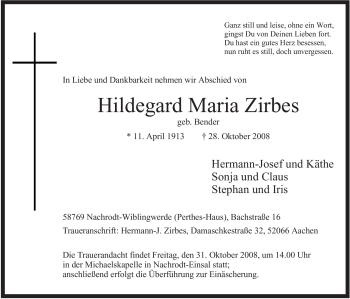 Traueranzeige von Hildegard Maria Zirbes von WESTFÄLISCHER ANZEIGER