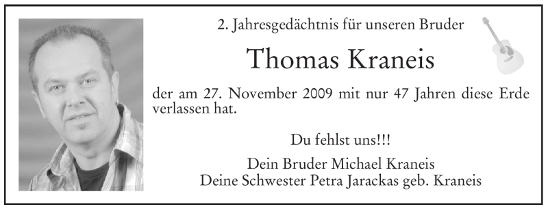 Traueranzeige für Thomas Kraneis vom 26.11.2011 aus WESTFÄLISCHER ANZEIGER