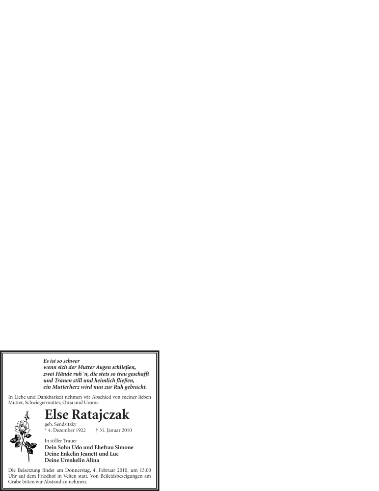  Traueranzeige für Else Ratajczak vom 02.02.2010 aus WESTFÄLISCHER ANZEIGER