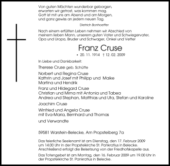 Traueranzeige von Franz Cruse von WESTFÄLISCHER ANZEIGER
