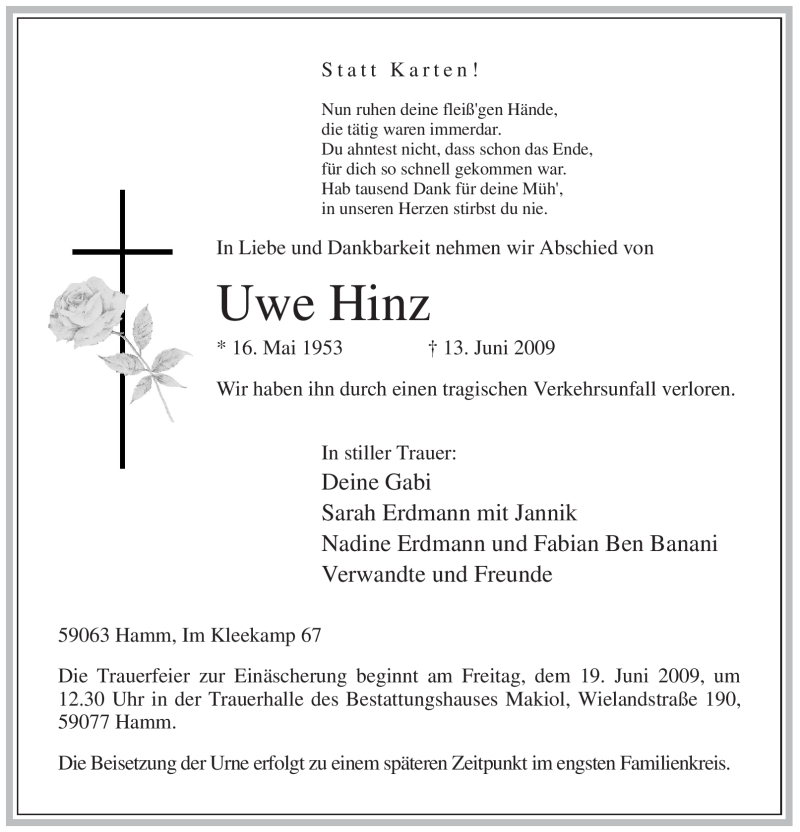  Traueranzeige für Uwe Hinz vom 17.06.2009 aus WESTFÄLISCHER ANZEIGER