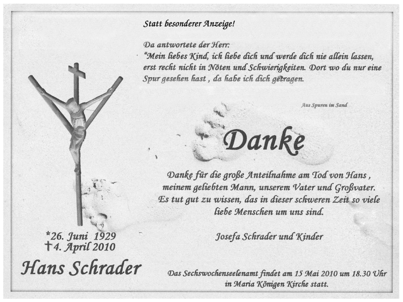  Traueranzeige für Hans Schrader vom 05.05.2010 aus WESTFÄLISCHER ANZEIGER