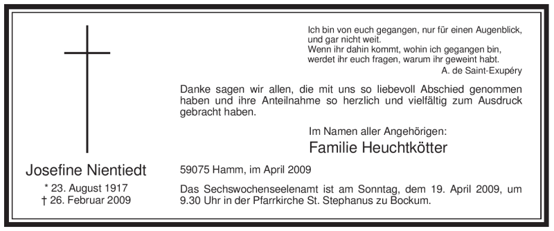  Traueranzeige für Josefine Nientiedt vom 14.04.2009 aus WESTFÄLISCHER ANZEIGER