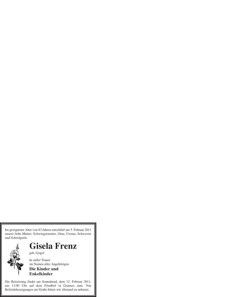  Traueranzeige für Gisela Frenz vom 09.02.2011 aus WESTFÄLISCHER ANZEIGER