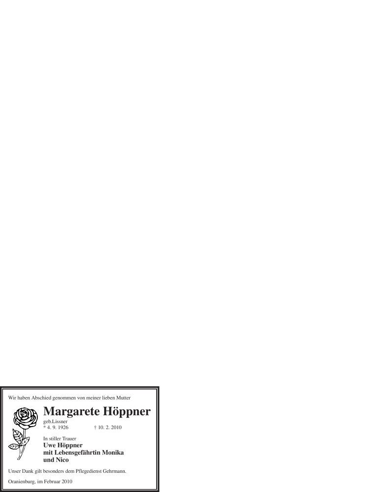  Traueranzeige für Margarete Höppner vom 13.02.2010 aus WESTFÄLISCHER ANZEIGER