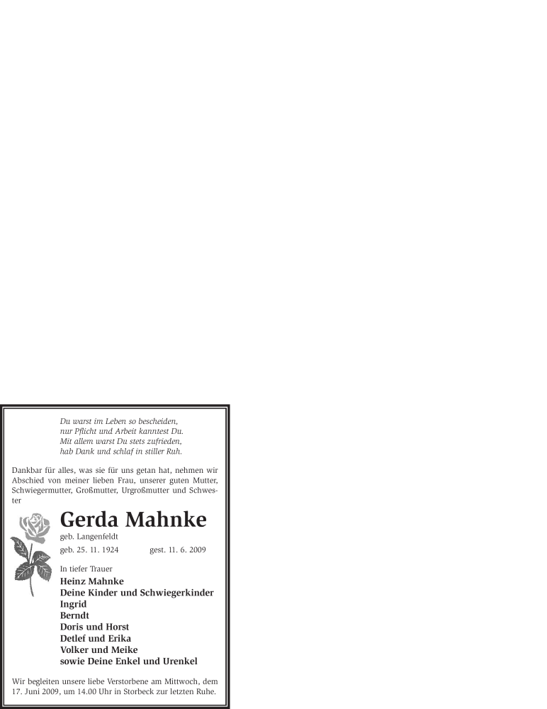  Traueranzeige für Gerda Mahnke vom 13.06.2009 aus WESTFÄLISCHER ANZEIGER