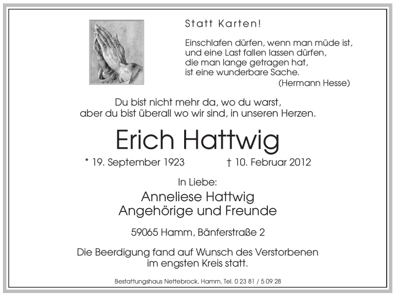  Traueranzeige für Erich Hattwig vom 16.02.2012 aus WESTFÄLISCHER ANZEIGER