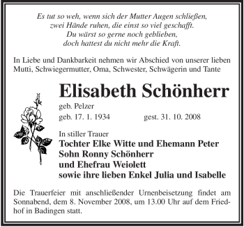 Traueranzeige von Elisabeth Schönherr von WESTFÄLISCHER ANZEIGER