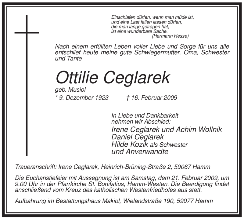  Traueranzeige für Ottilie Ceglarek vom 18.02.2009 aus WESTFÄLISCHER ANZEIGER