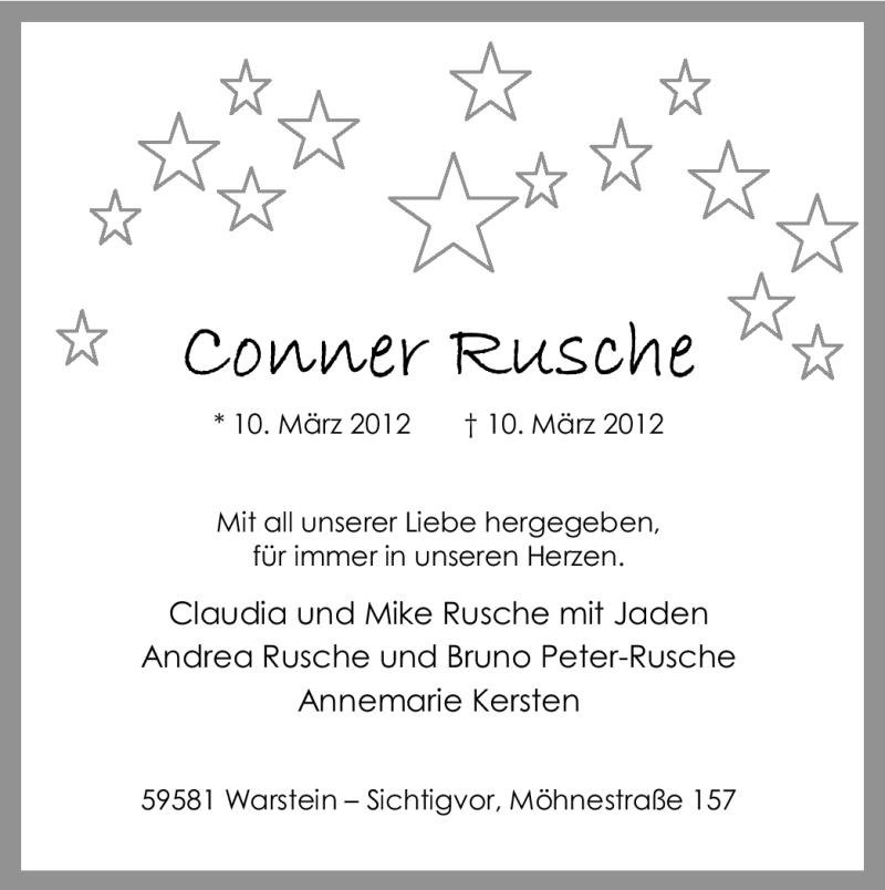  Traueranzeige für Conner Rusche vom 19.03.2012 aus WESTFÄLISCHER ANZEIGER