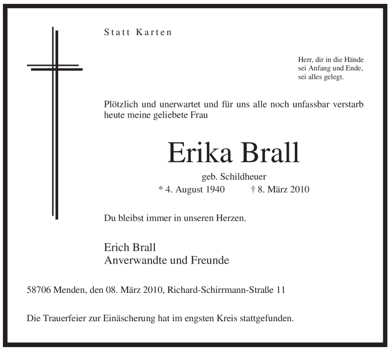  Traueranzeige für Erika Brall vom 17.03.2010 aus WESTFÄLISCHER ANZEIGER