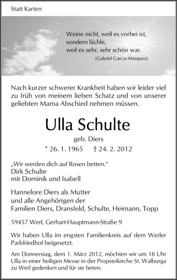 Traueranzeige von Ulla Schulte von WESTFÄLISCHER ANZEIGER