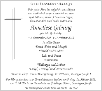 Traueranzeige von Anneliese Gröning von WESTFÄLISCHER ANZEIGER