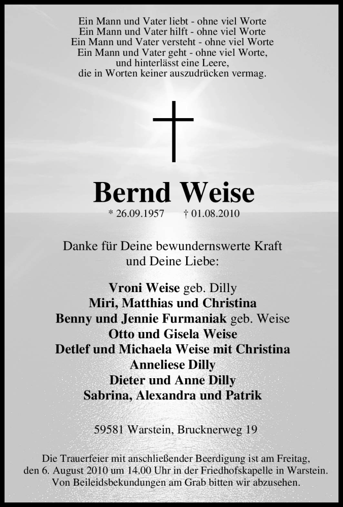  Traueranzeige für Bernd Weise vom 03.08.2010 aus WESTFÄLISCHER ANZEIGER