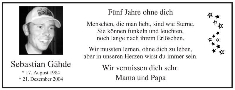  Traueranzeige für Sebastian Gähde vom 21.12.2009 aus WESTFÄLISCHER ANZEIGER