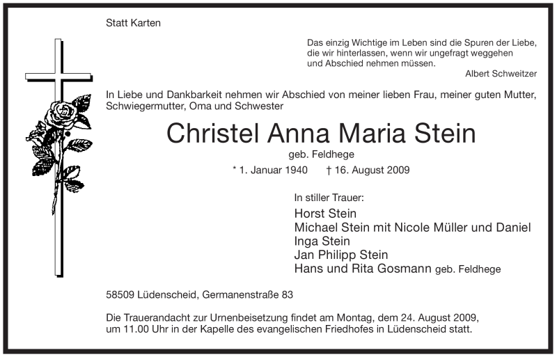  Traueranzeige für Christel Anna Maria Stein vom 19.08.2009 aus WESTFÄLISCHER ANZEIGER