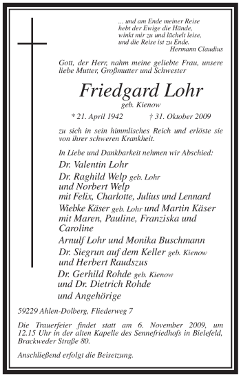 Traueranzeige von Friedgard Lohr von WESTFÄLISCHER ANZEIGER