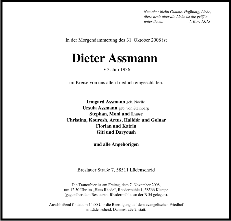  Traueranzeige für Dieter Assmann vom 04.11.2008 aus WESTFÄLISCHER ANZEIGER