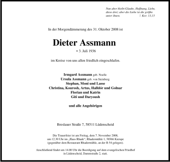 Traueranzeige von Dieter Assmann von WESTFÄLISCHER ANZEIGER