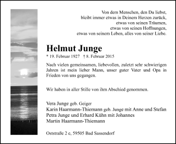 Traueranzeige von Helmut Junge von MZV
