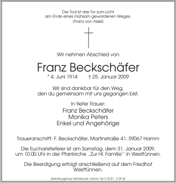 Traueranzeige von Franz Beckschäfer von WESTFÄLISCHER ANZEIGER