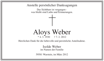 Traueranzeige von Aloys Weber von WESTFÄLISCHER ANZEIGER