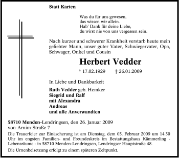 Traueranzeige von Herbert Vedder von WESTFÄLISCHER ANZEIGER