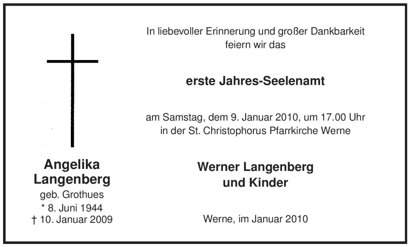  Traueranzeige für Angelika Langenberg vom 02.01.2010 aus WESTFÄLISCHER ANZEIGER