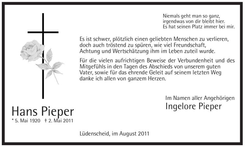  Traueranzeige für Hans Pieper vom 06.08.2011 aus WESTFÄLISCHER ANZEIGER