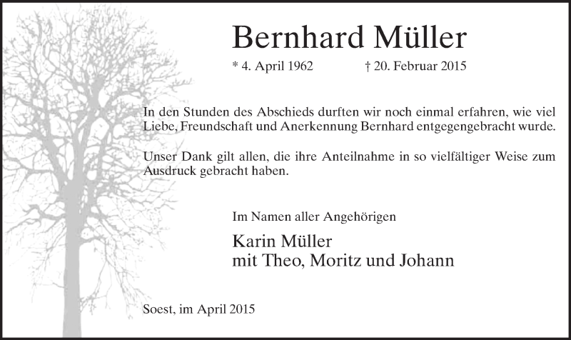 Traueranzeige für Bernhard Müller vom 18.04.2015 aus MZV
