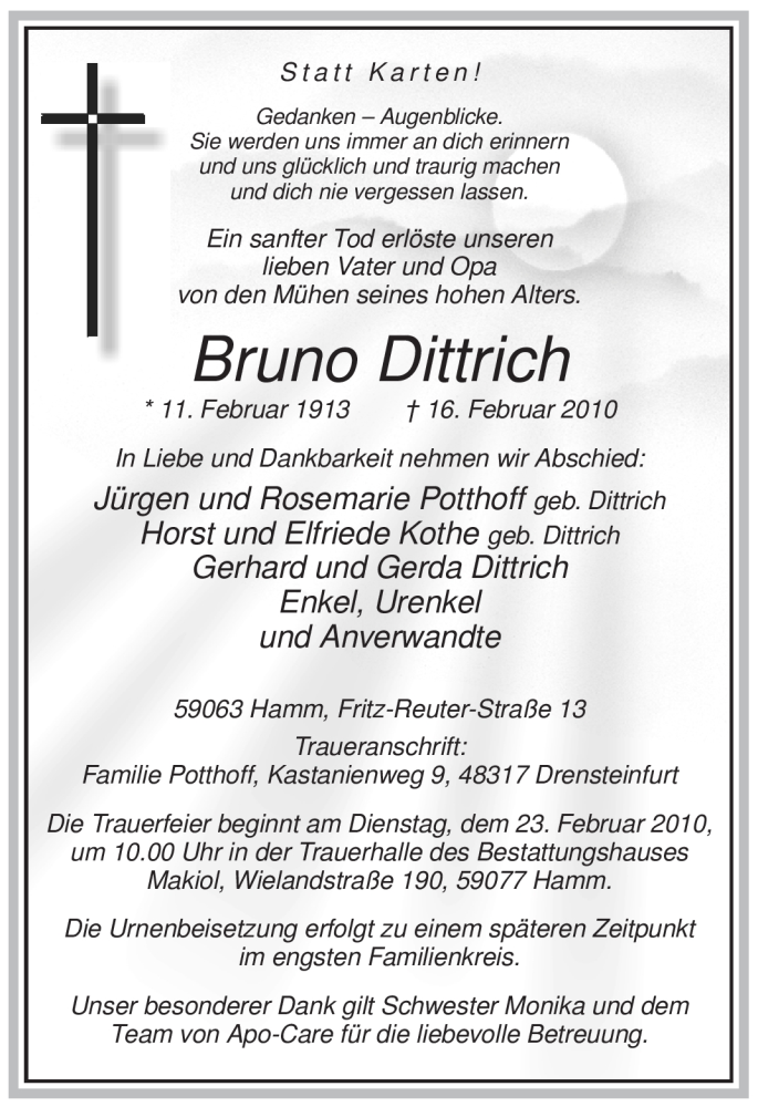  Traueranzeige für Bruno Dittrich vom 20.02.2010 aus WESTFÄLISCHER ANZEIGER