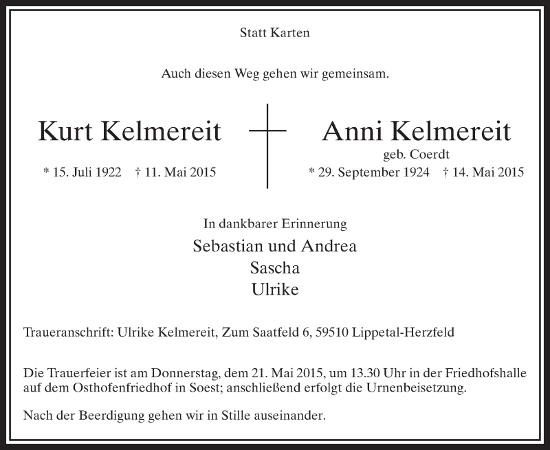  Traueranzeige für Kurt und Anni Kelmereit vom 18.05.2015 aus MZV