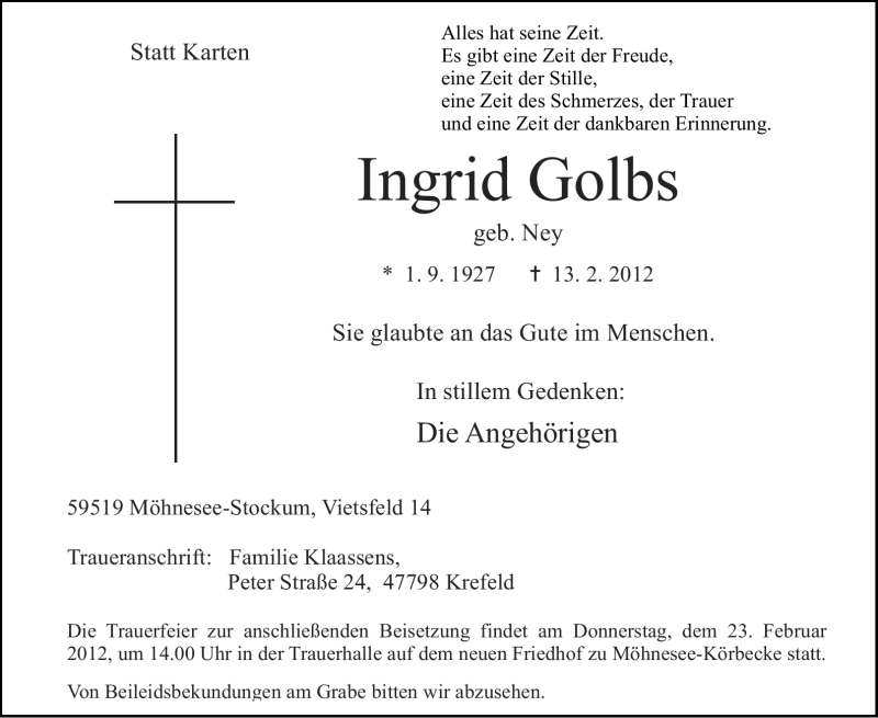  Traueranzeige für Ingrid Golbs vom 21.02.2012 aus WESTFÄLISCHER ANZEIGER