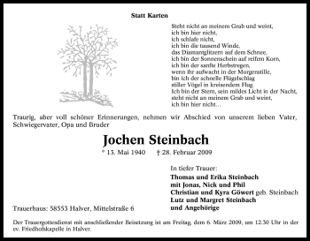 Traueranzeige von Jochen Steinbach von WESTFÄLISCHER ANZEIGER