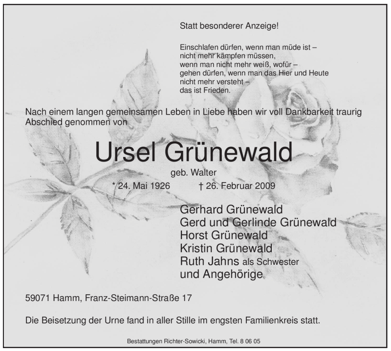  Traueranzeige für Ursel Grünewald vom 04.03.2009 aus WESTFÄLISCHER ANZEIGER