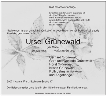 Traueranzeige von Ursel Grünewald von WESTFÄLISCHER ANZEIGER
