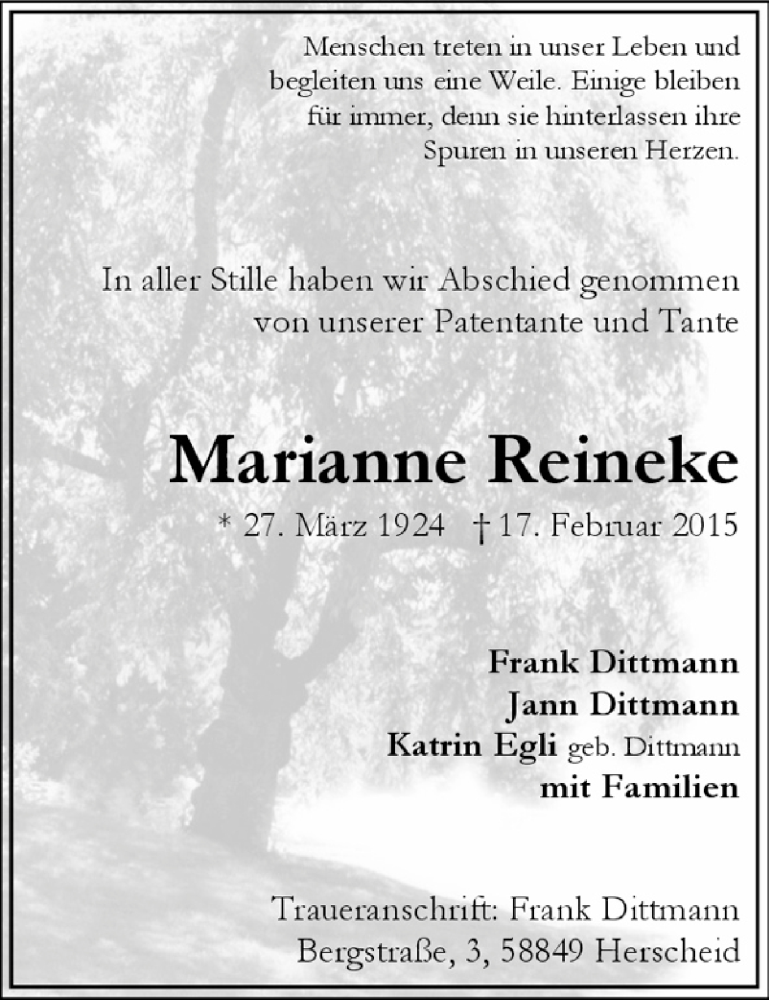  Traueranzeige für Marianne Reineke vom 18.03.2015 aus MZV