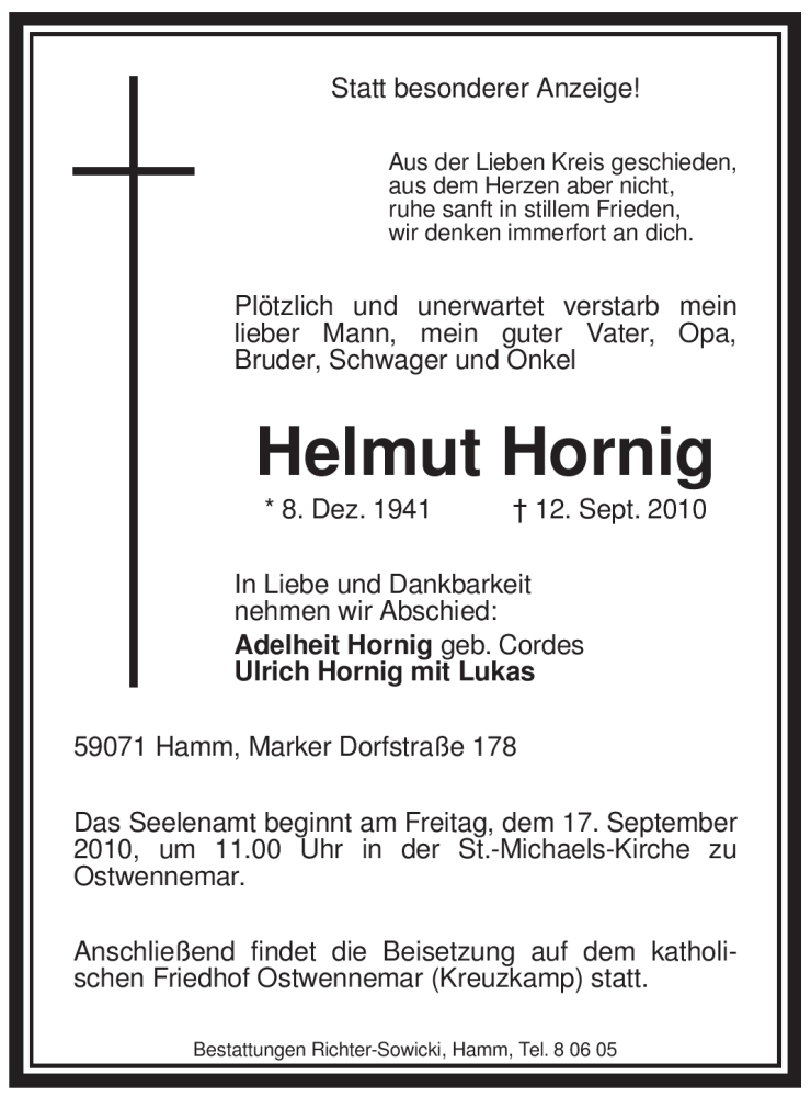  Traueranzeige für Helmut Hornig vom 15.09.2010 aus WESTFÄLISCHER ANZEIGER