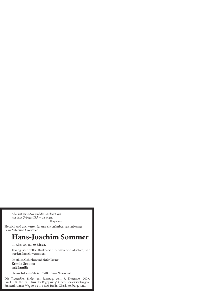  Traueranzeige für Hans-Joachim Sommer vom 03.12.2009 aus WESTFÄLISCHER ANZEIGER