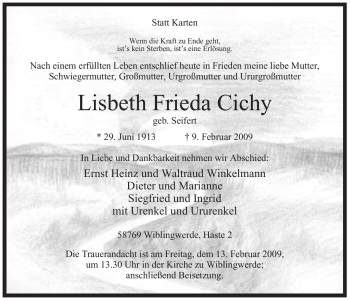 Traueranzeige von Lisbeth Frieda Cichy von WESTFÄLISCHER ANZEIGER