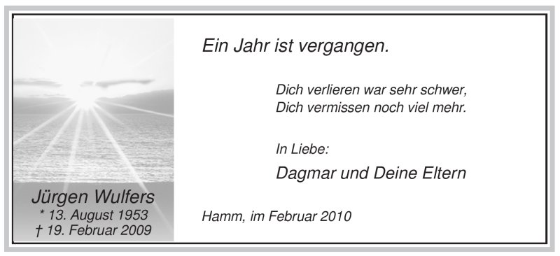  Traueranzeige für Jürgen Wulfers vom 19.02.2010 aus WESTFÄLISCHER ANZEIGER