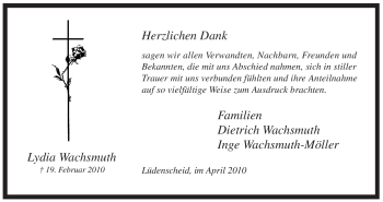 Traueranzeige von Lydia Wachsmuth von WESTFÄLISCHER ANZEIGER
